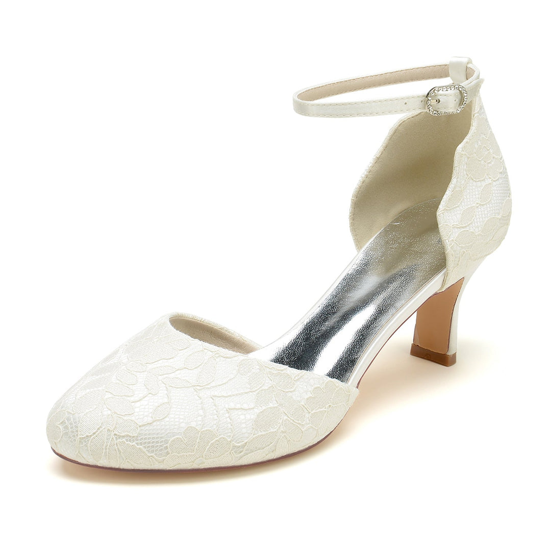 Chaussures de Mariage pour Femmes avec Appliques en Dentelle, Talon Moyen, Bout Fermé, Boucle, Chaussures de Mariée