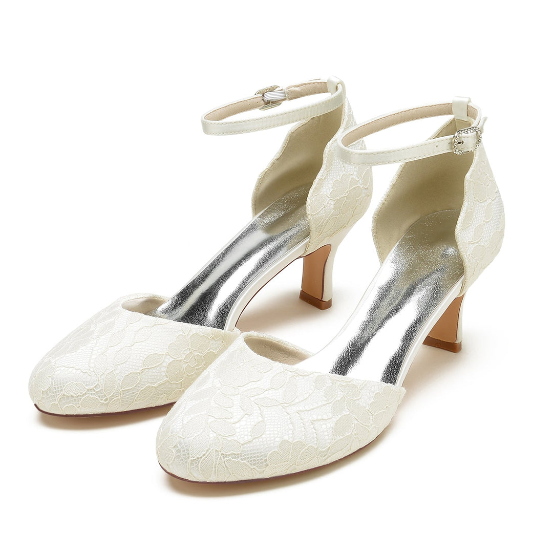 Chaussures de Mariage pour Femmes avec Appliques en Dentelle, Talon Moyen, Bout Fermé, Boucle, Chaussures de Mariée