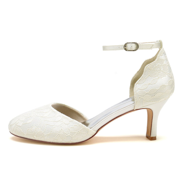 Chaussures de Mariage pour Femmes avec Appliques en Dentelle, Talon Moyen, Bout Fermé, Boucle, Chaussures de Mariée