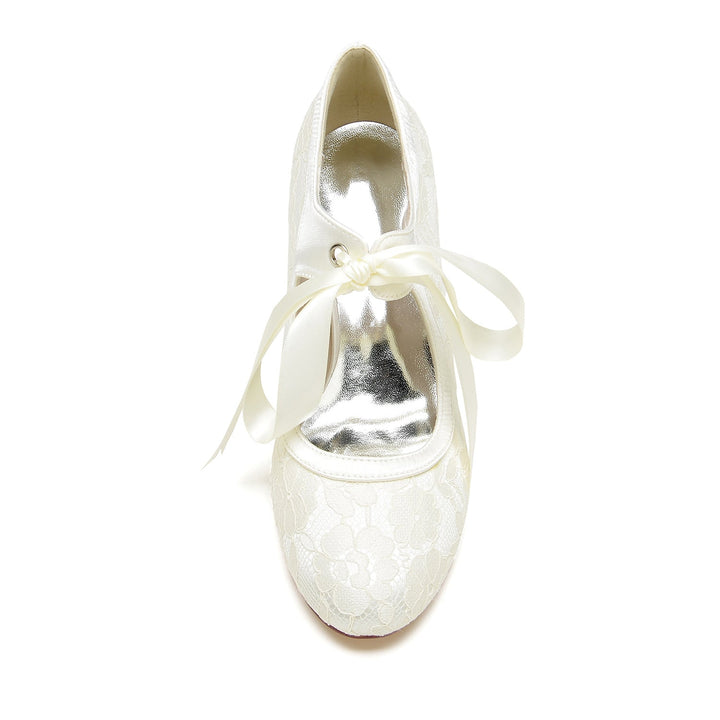 Chaussures de Mariage pour Femmes en Dentelle à Talon Moyen et Bout Rond Fermé avec Nœud