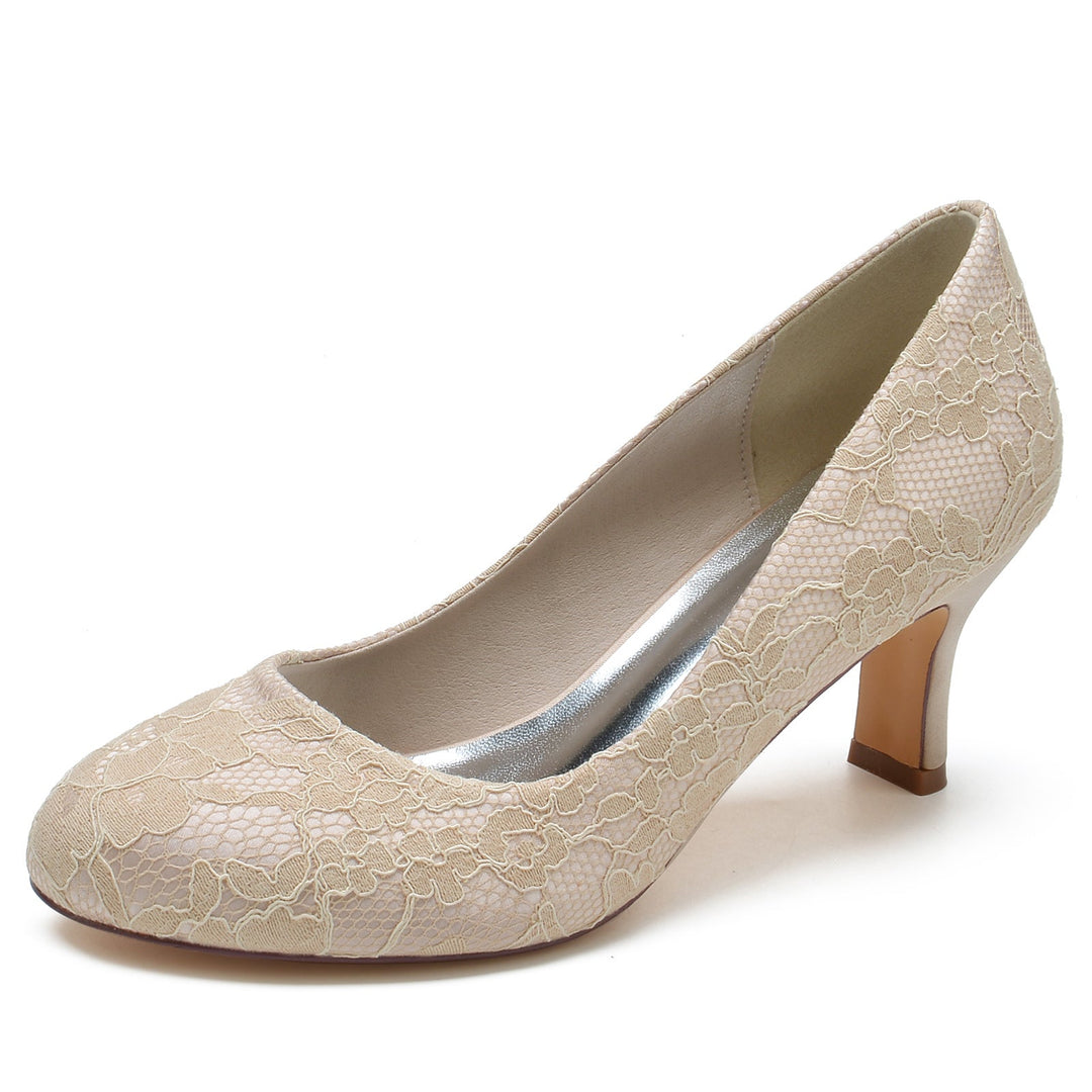 Chaussures de Mariage pour Femmes en Dentelle à Talon Moyen et Bout Rond Fermé Chaussures de Mariée Minimalistes