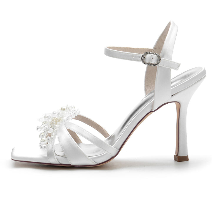 Chaussures de Mariage pour Femmes avec Perles et Fleurs, Bout Carré Ouvert, Talon Haut, Boucle, Chaussures de Mariée
