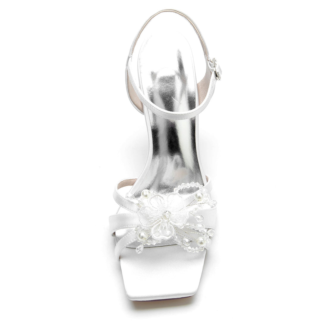 Chaussures de Mariage pour Femmes avec Perles et Fleurs, Bout Carré Ouvert, Talon Haut, Boucle, Chaussures de Mariée