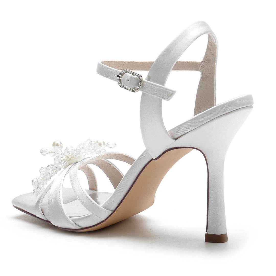 Chaussures de Mariage pour Femmes avec Perles et Fleurs, Bout Carré Ouvert, Talon Haut, Boucle, Chaussures de Mariée