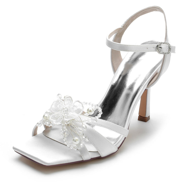 Chaussures de Mariage pour Femmes avec Perles et Fleurs, Bout Carré Ouvert, Talon Haut, Boucle, Chaussures de Mariée