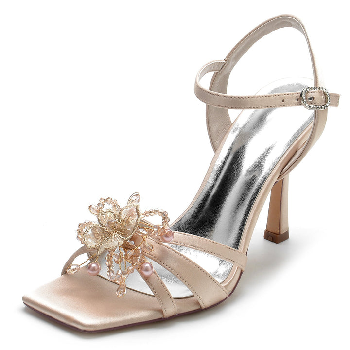 Chaussures de Mariage pour Femmes avec Perles et Fleurs, Bout Carré Ouvert, Talon Haut, Boucle, Chaussures de Mariée