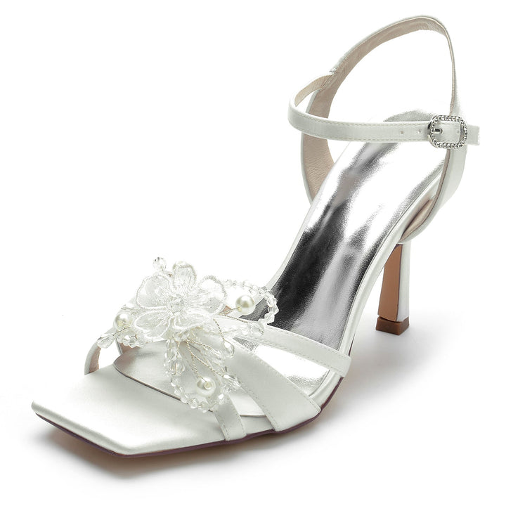 Chaussures de Mariage pour Femmes avec Perles et Fleurs, Bout Carré Ouvert, Talon Haut, Boucle, Chaussures de Mariée