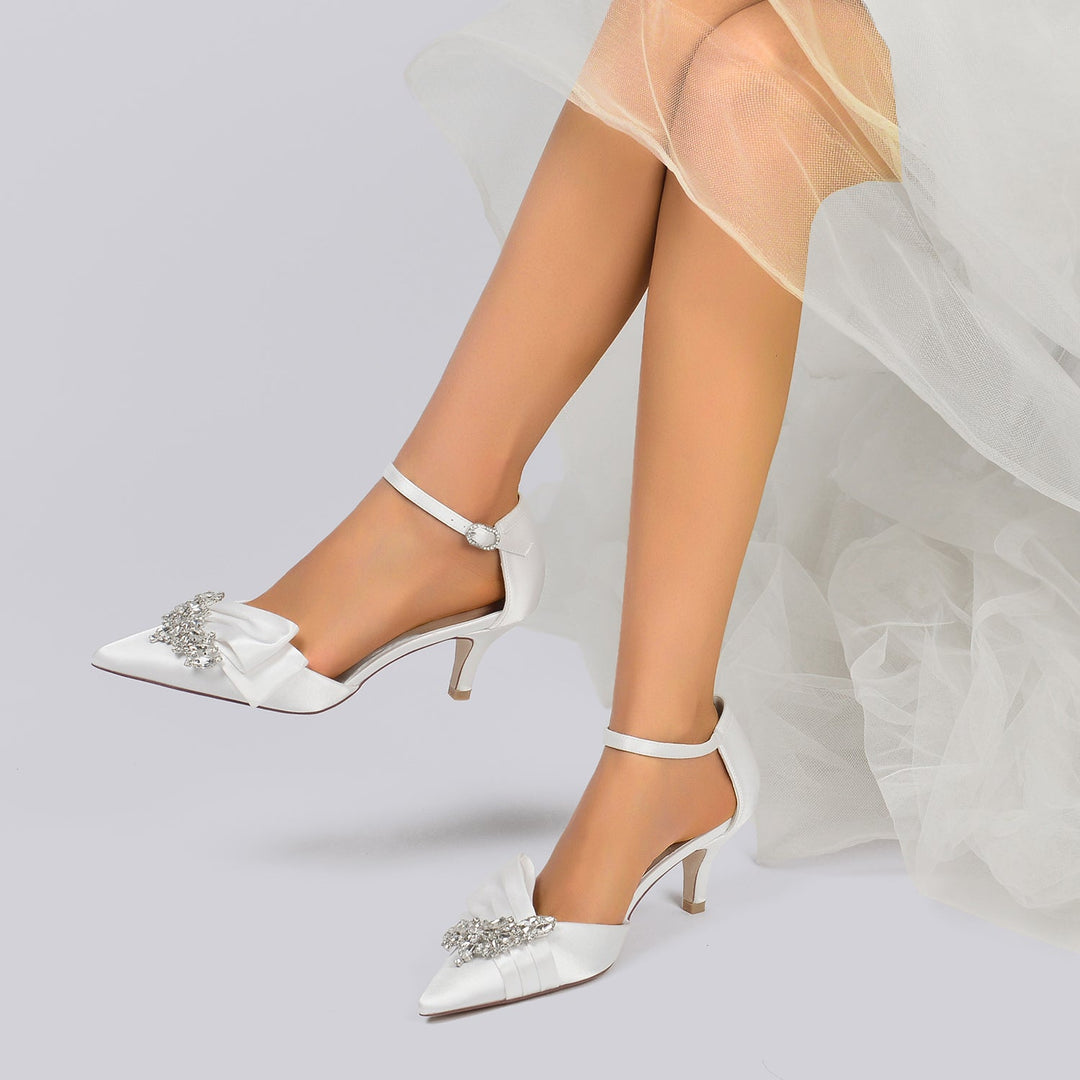 Chaussures de Mariage pour Femmes en Satin de Soie avec Nœud en Strass et Boucle à Bout Pointu