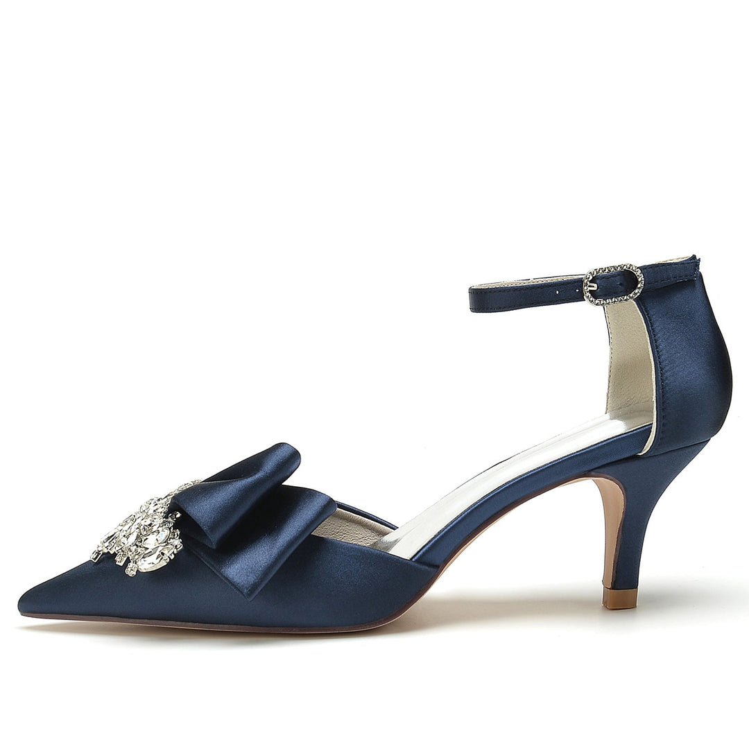 Chaussures de Mariage pour Femmes en Satin de Soie avec Nœud en Strass et Boucle à Bout Pointu