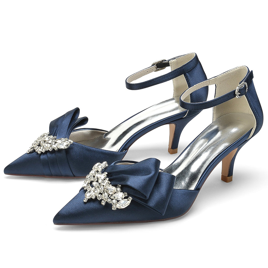 Chaussures de Mariage pour Femmes en Satin de Soie avec Nœud en Strass et Boucle à Bout Pointu
