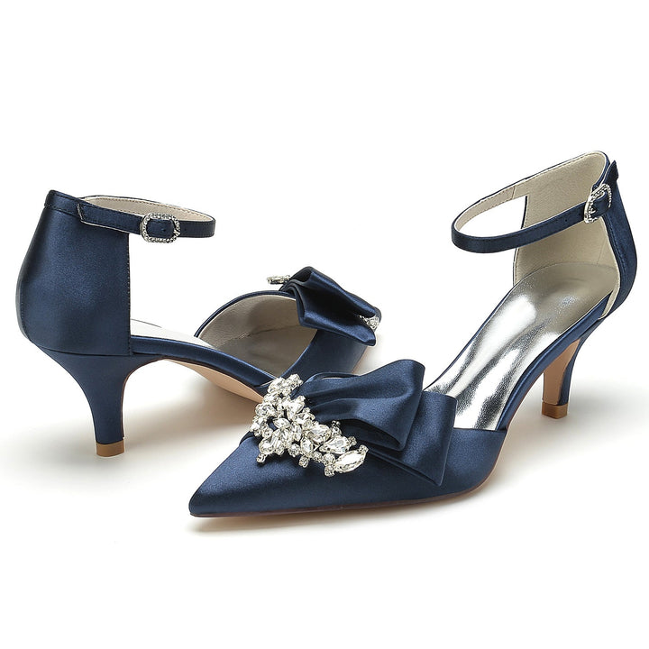 Chaussures de Mariage pour Femmes en Satin de Soie avec Nœud en Strass et Boucle à Bout Pointu