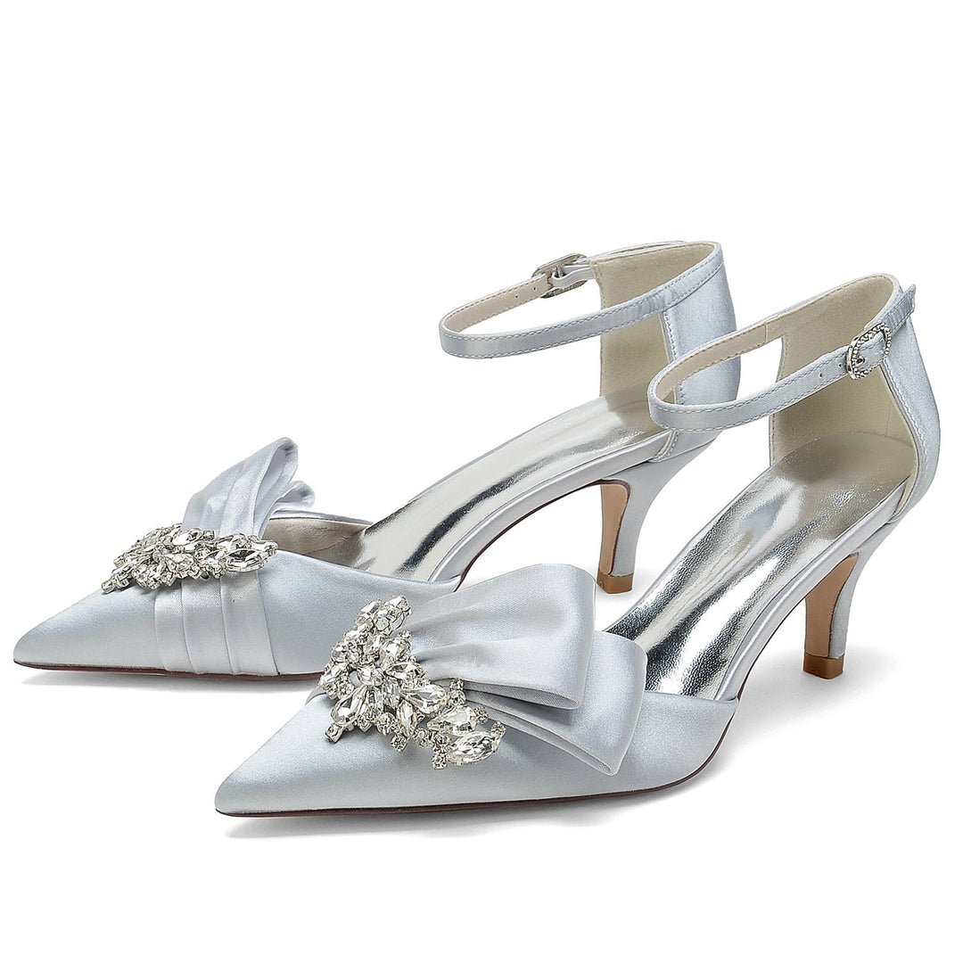 Chaussures de Mariage pour Femmes en Satin de Soie avec Nœud en Strass et Boucle à Bout Pointu