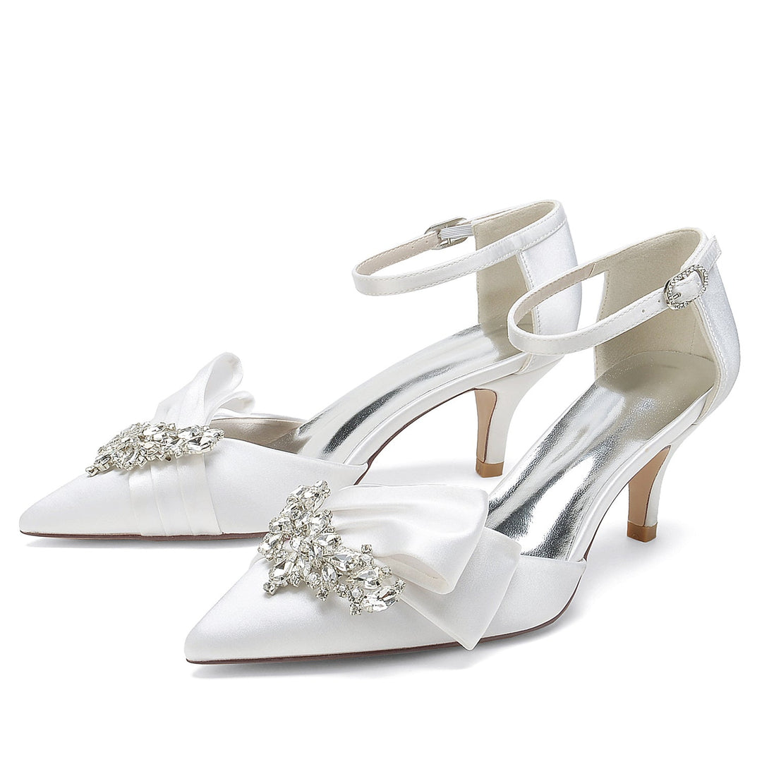 Chaussures de Mariage pour Femmes en Satin de Soie avec Nœud en Strass et Boucle à Bout Pointu