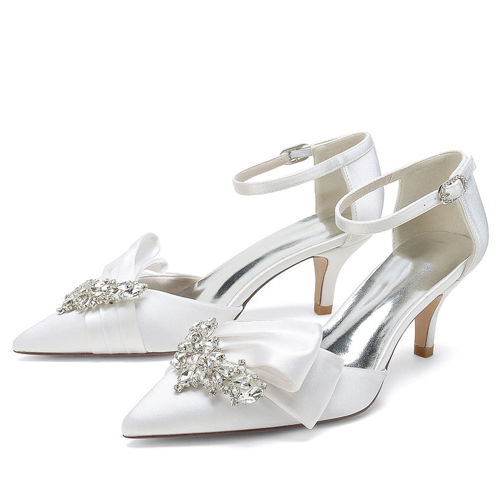 Chaussures de Mariage pour Femmes en Satin de Soie avec Nœud en Strass et Boucle à Bout Pointu