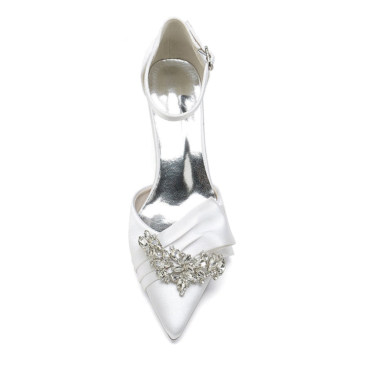 Chaussures de Mariage pour Femmes en Satin de Soie avec Nœud en Strass et Boucle à Bout Pointu