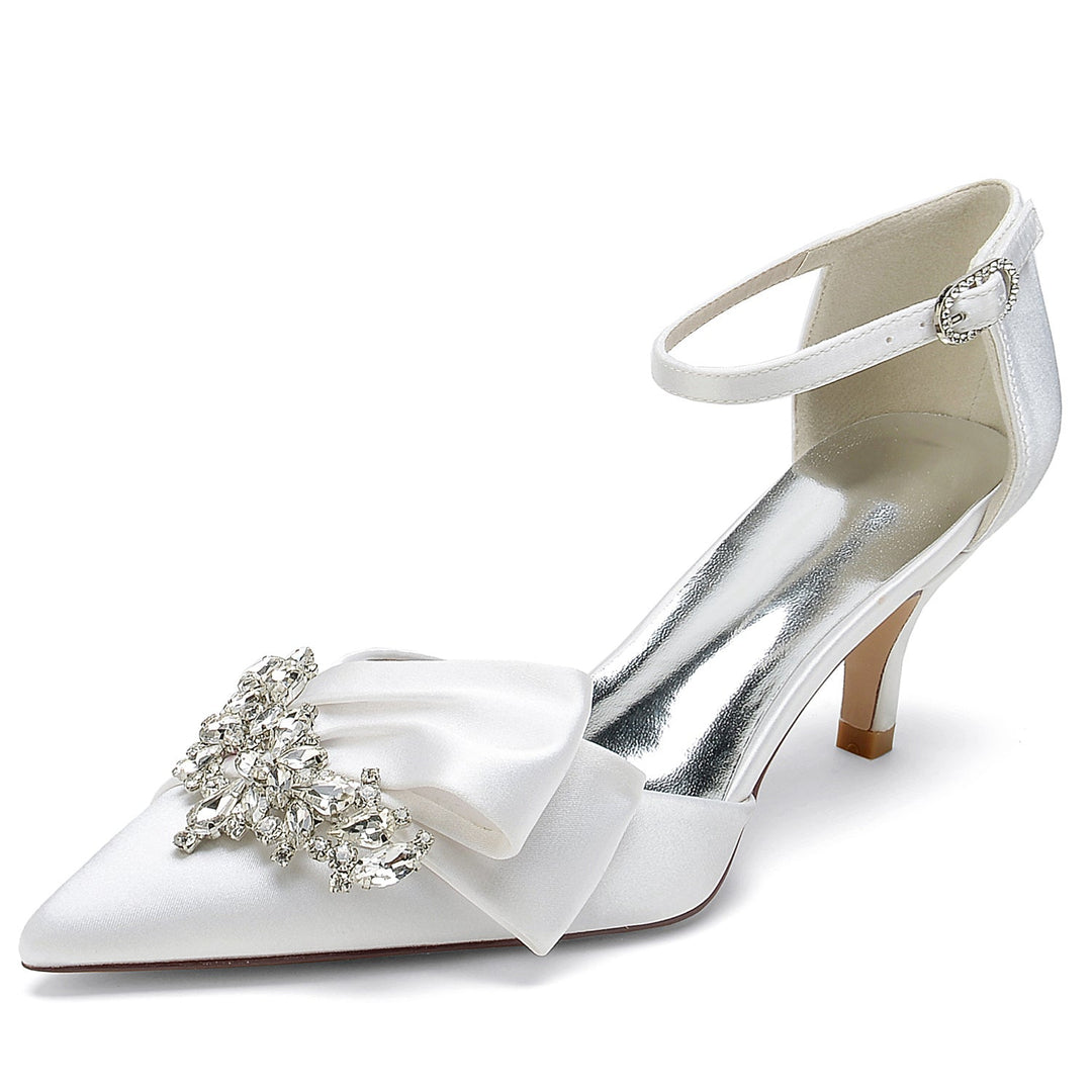 Chaussures de Mariage pour Femmes en Satin de Soie avec Nœud en Strass et Boucle à Bout Pointu