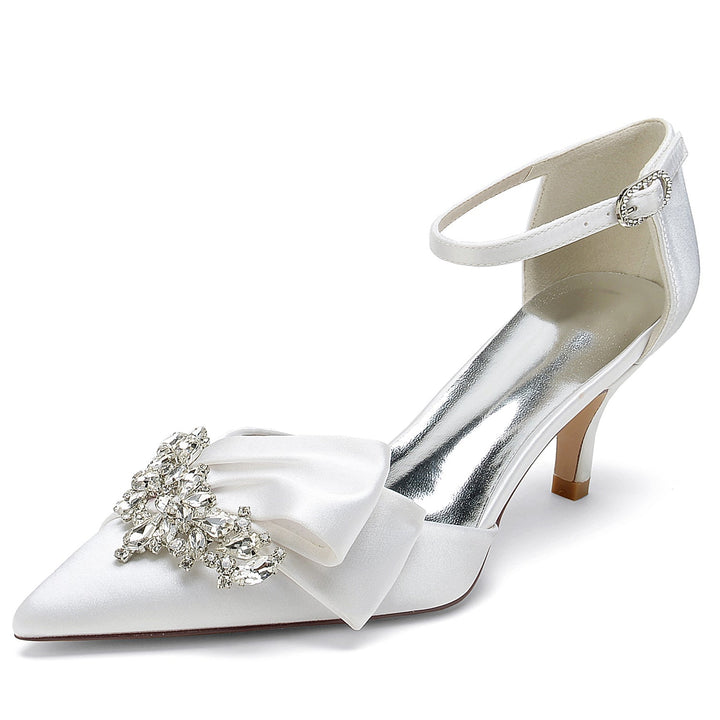 Chaussures de Mariage pour Femmes en Satin de Soie avec Nœud en Strass et Boucle à Bout Pointu