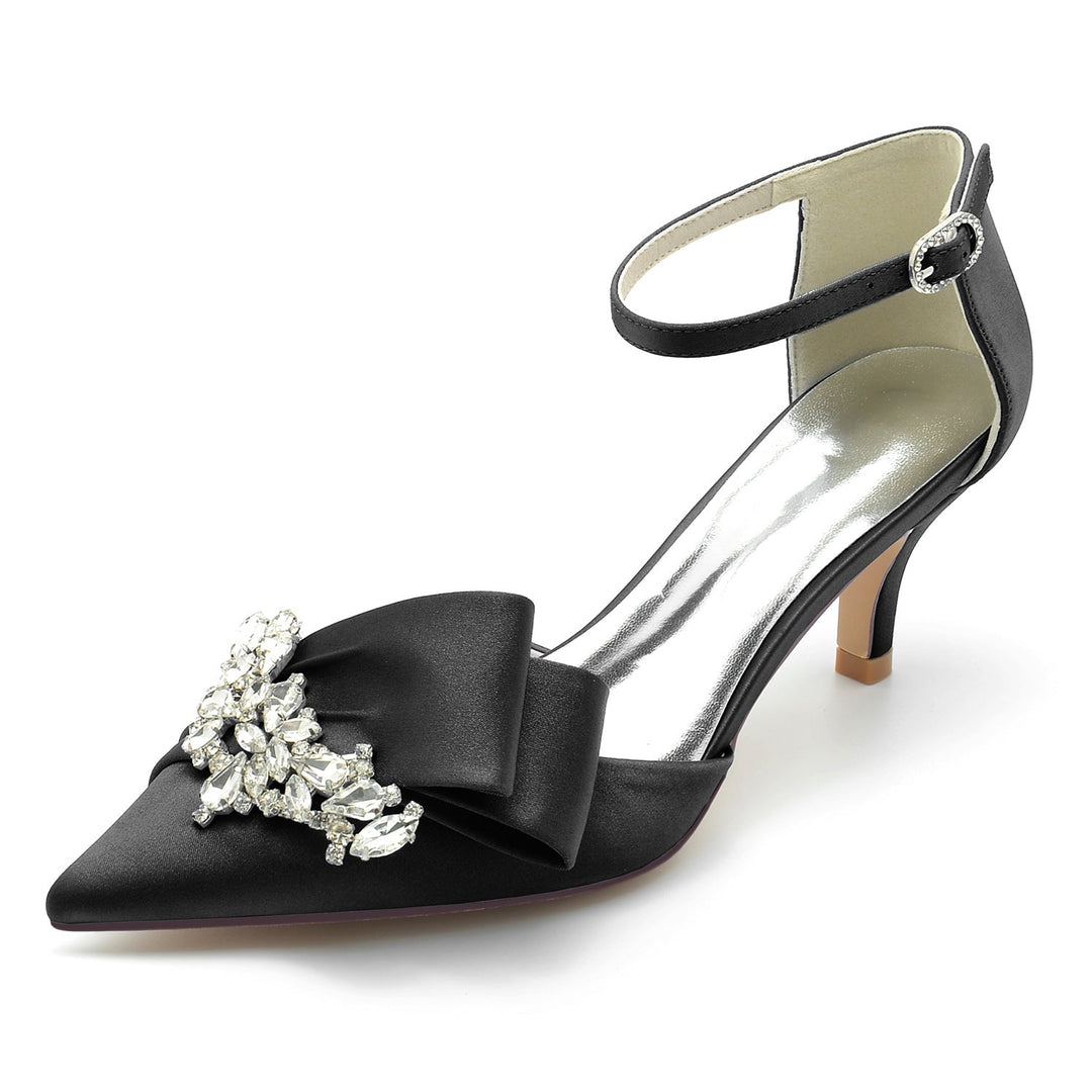 Chaussures de Mariage pour Femmes en Satin de Soie avec Nœud en Strass et Boucle à Bout Pointu