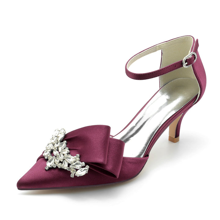 Chaussures de Mariage pour Femmes en Satin de Soie avec Nœud en Strass et Boucle à Bout Pointu