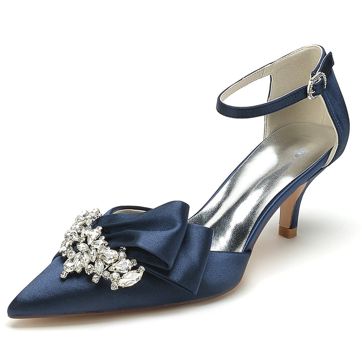 Chaussures de Mariage pour Femmes en Satin de Soie avec Nœud en Strass et Boucle à Bout Pointu