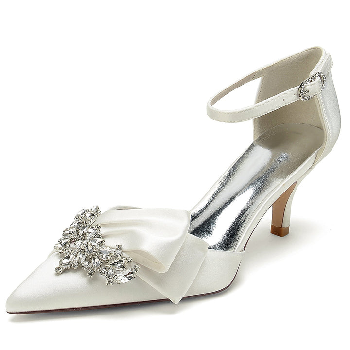 Chaussures de Mariage pour Femmes en Satin de Soie avec Nœud en Strass et Boucle à Bout Pointu
