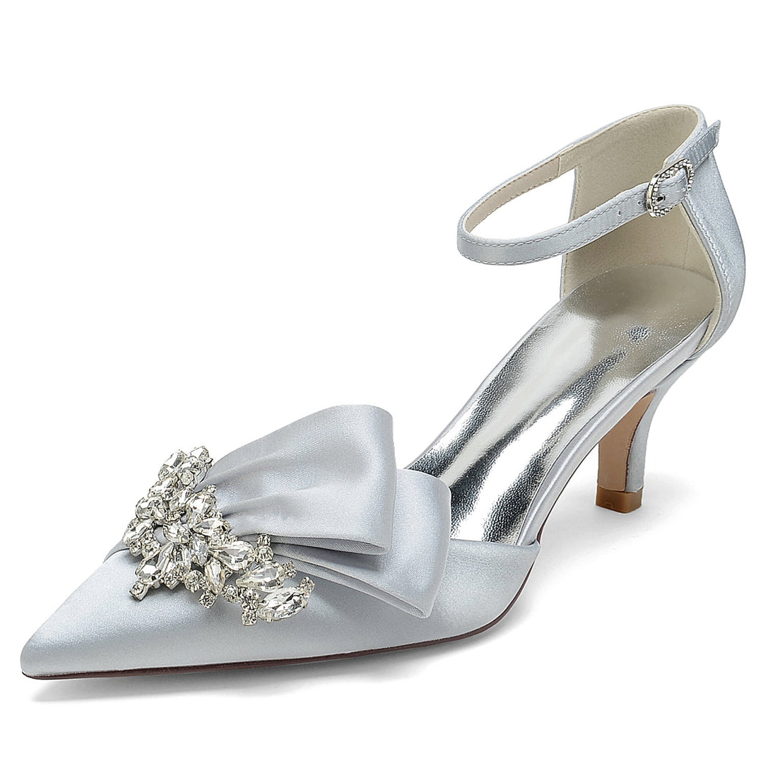 Chaussures de Mariage pour Femmes en Satin de Soie avec Nœud en Strass et Boucle à Bout Pointu