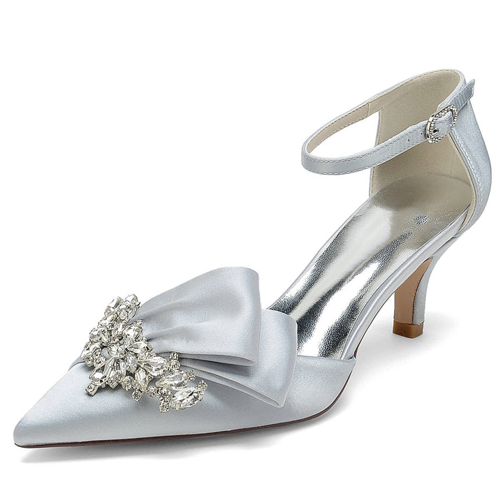 Chaussures de Mariage pour Femmes en Satin de Soie avec Nœud en Strass et Boucle à Bout Pointu