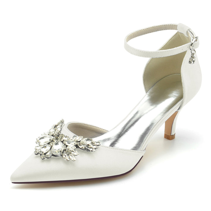 Chaussures de Mariage pour Femmes, Chaussures de Mariée à Talon Moyen et Bout Pointu avec Boucle en Cristal