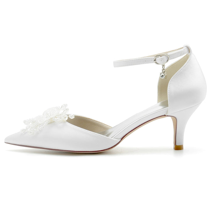 Chaussures de Mariage pour Femmes en Satin de Soie avec Strass et Fleurs, Chaussures de Mariée à Talon Moyen et Bout Pointu