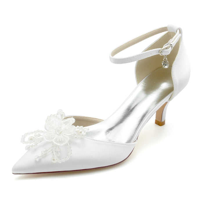 Chaussures de Mariage pour Femmes en Satin de Soie avec Strass et Fleurs, Chaussures de Mariée à Talon Moyen et Bout Pointu