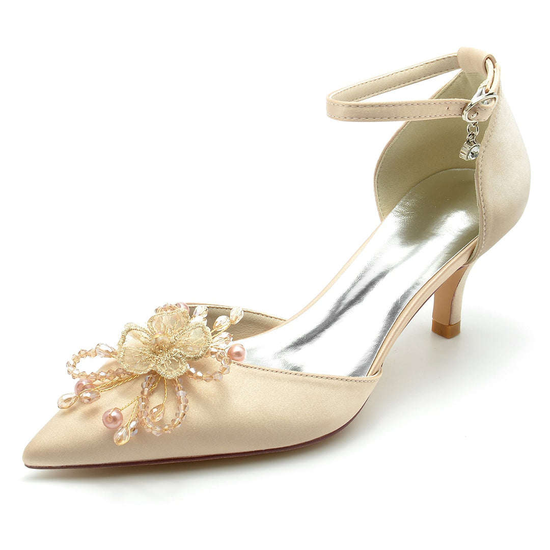 Chaussures de Mariage pour Femmes en Satin de Soie avec Strass et Fleurs, Chaussures de Mariée à Talon Moyen et Bout Pointu