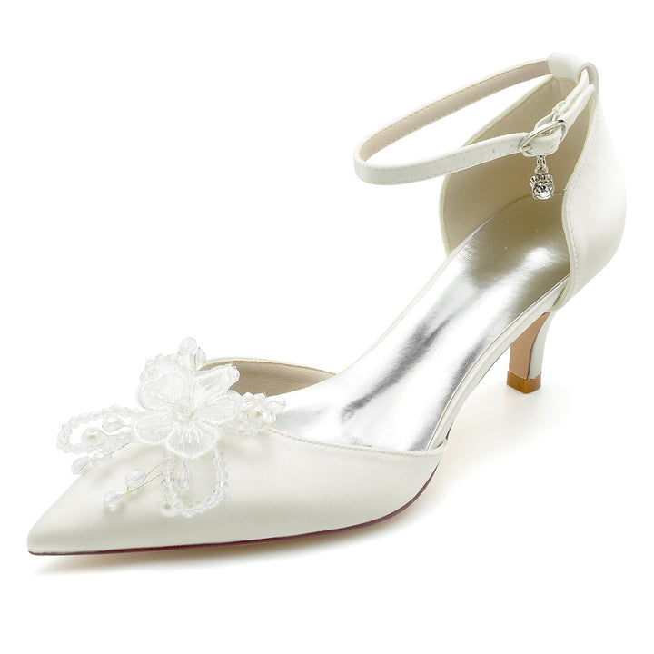 Chaussures de Mariage pour Femmes en Satin de Soie avec Strass et Fleurs, Chaussures de Mariée à Talon Moyen et Bout Pointu