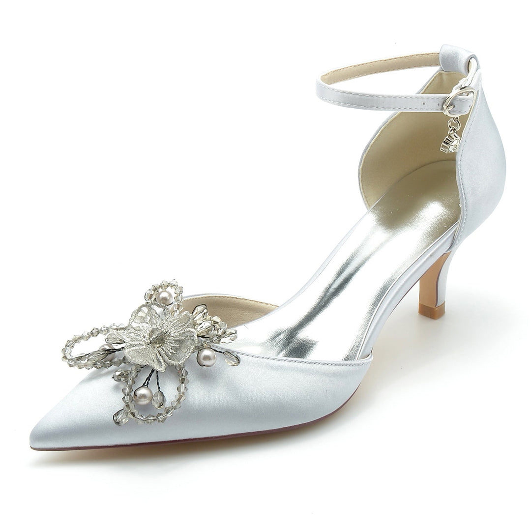 Chaussures de Mariage pour Femmes en Satin de Soie avec Strass et Fleurs, Chaussures de Mariée à Talon Moyen et Bout Pointu