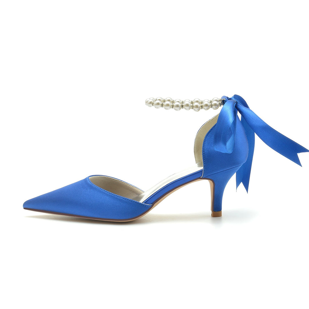 Chaussures de Mariage pour Femmes à Bout Pointu en Satin de Soie avec Perles et Nœud à Talon Moyen