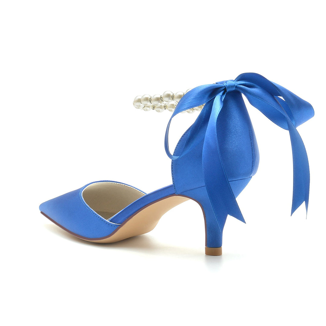 Chaussures de Mariage pour Femmes à Bout Pointu en Satin de Soie avec Perles et Nœud à Talon Moyen
