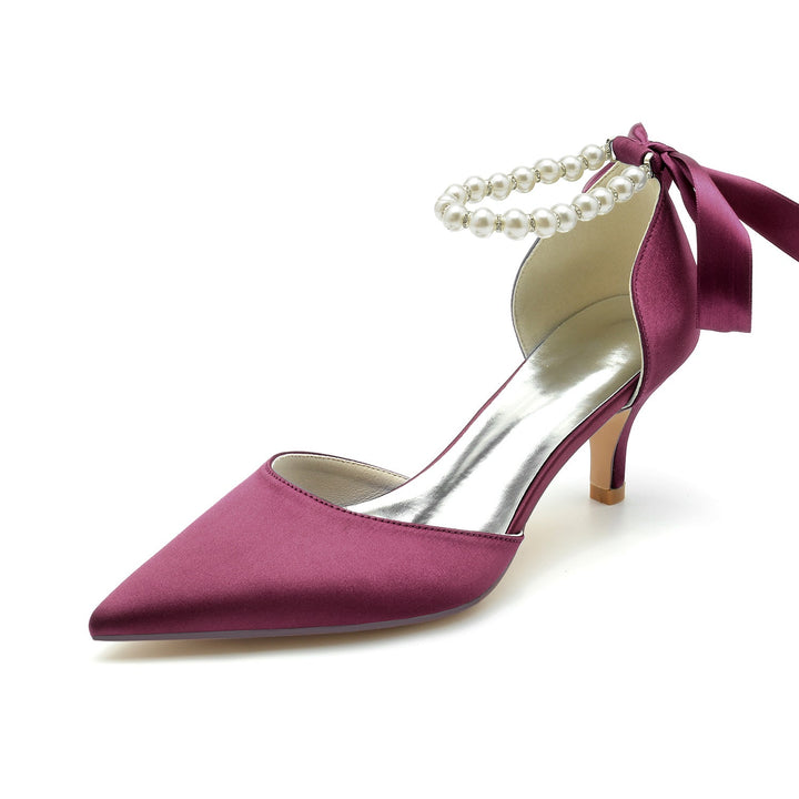 Chaussures de Mariage pour Femmes à Bout Pointu en Satin de Soie avec Perles et Nœud à Talon Moyen
