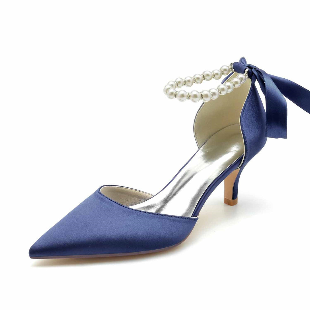 Chaussures de Mariage pour Femmes à Bout Pointu en Satin de Soie avec Perles et Nœud à Talon Moyen