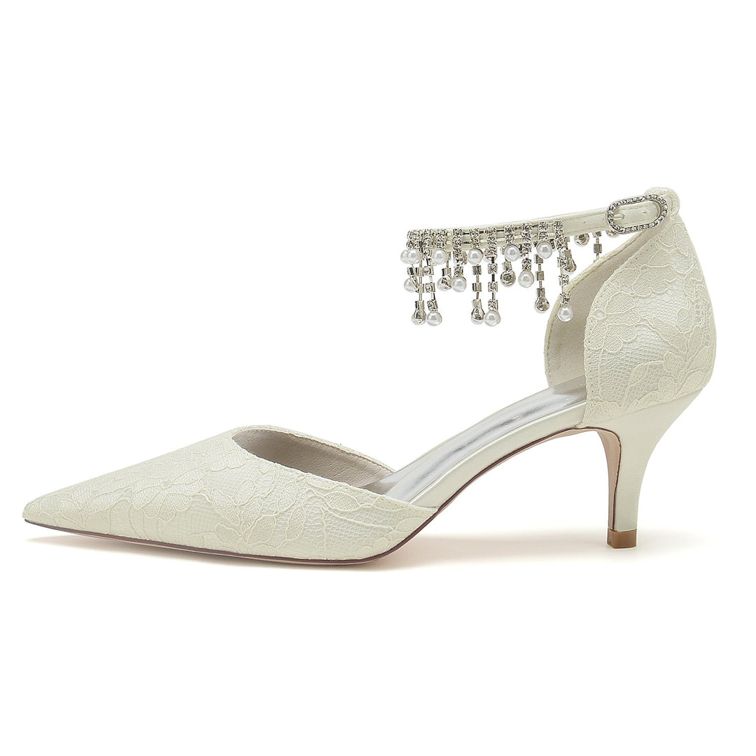 Chaussures de Mariage pour Femmes en Dentelle avec Perles et Talon Moyen et Bout Pointu avec Boucle