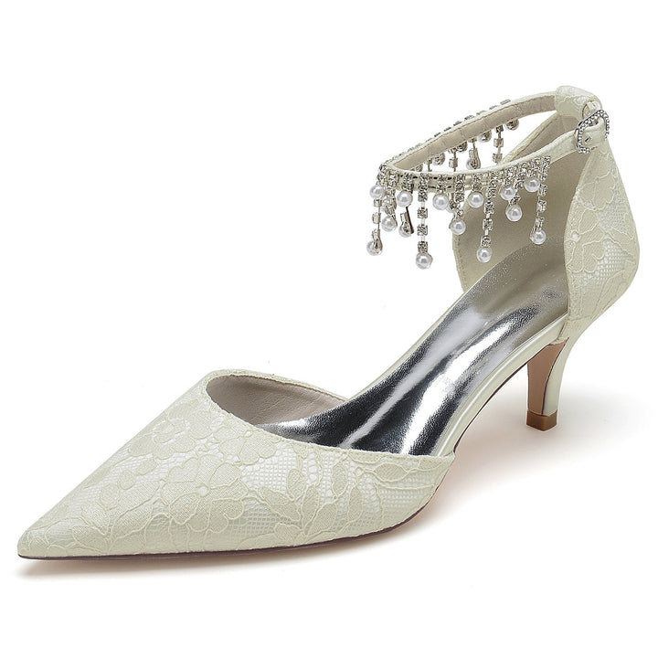 Chaussures de Mariage pour Femmes en Dentelle avec Perles et Talon Moyen et Bout Pointu avec Boucle