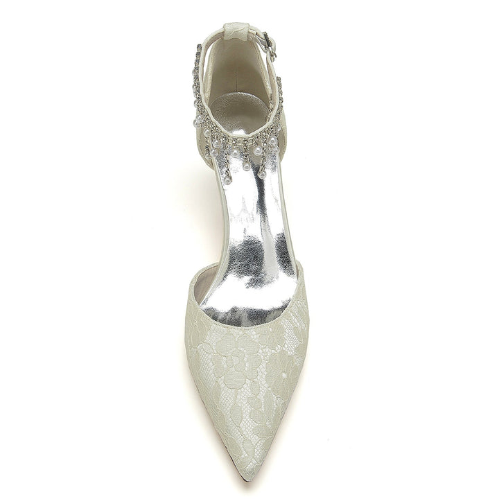 Chaussures de Mariage pour Femmes en Dentelle avec Perles et Talon Moyen et Bout Pointu avec Boucle