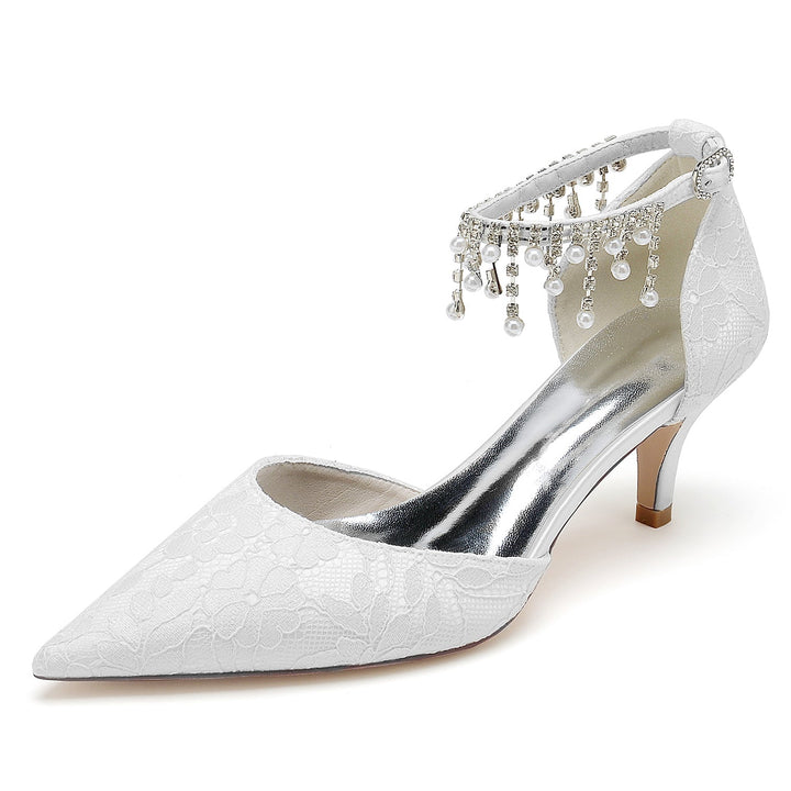 Chaussures de Mariage pour Femmes en Dentelle avec Perles et Talon Moyen et Bout Pointu avec Boucle