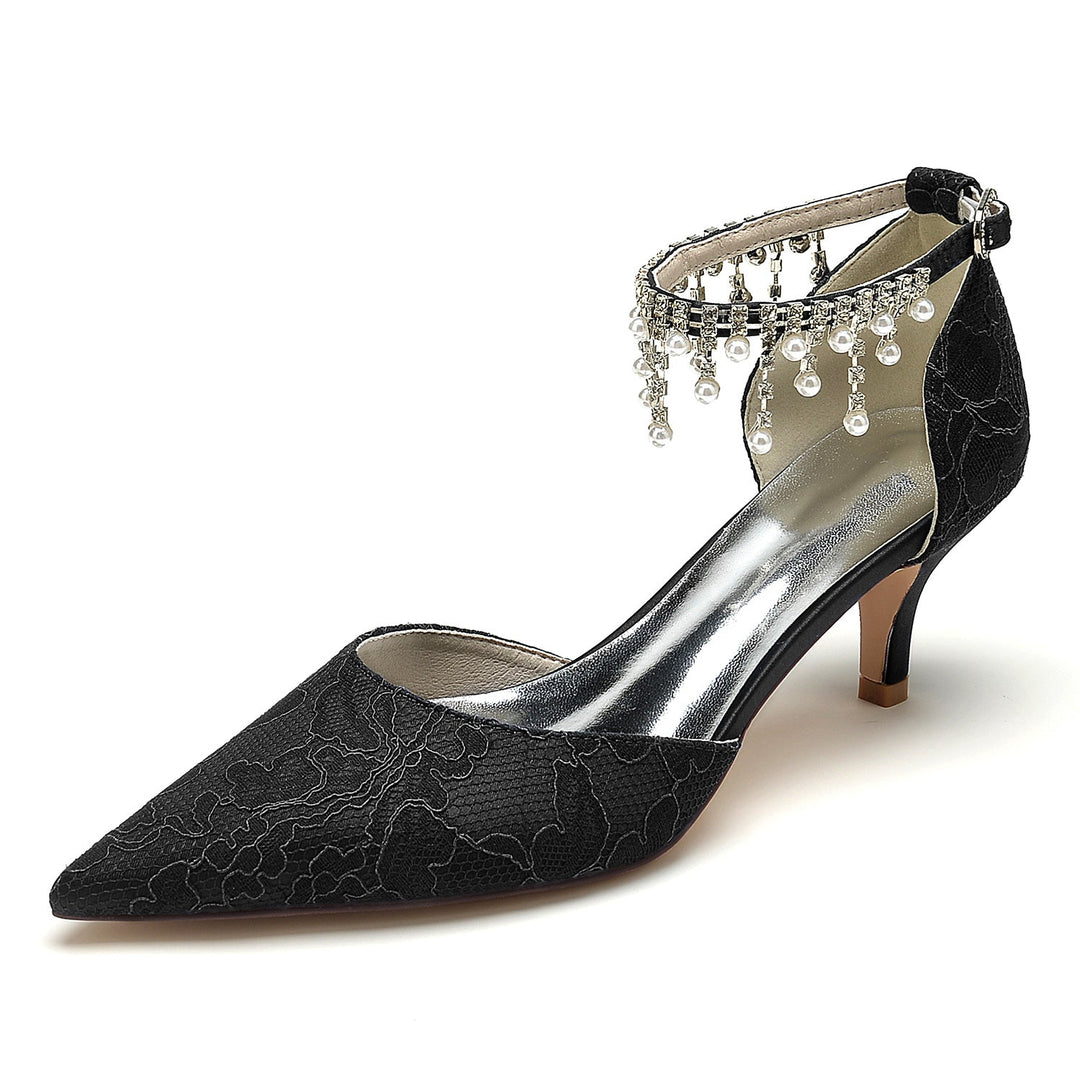 Chaussures de Mariage pour Femmes en Dentelle avec Perles et Talon Moyen et Bout Pointu avec Boucle