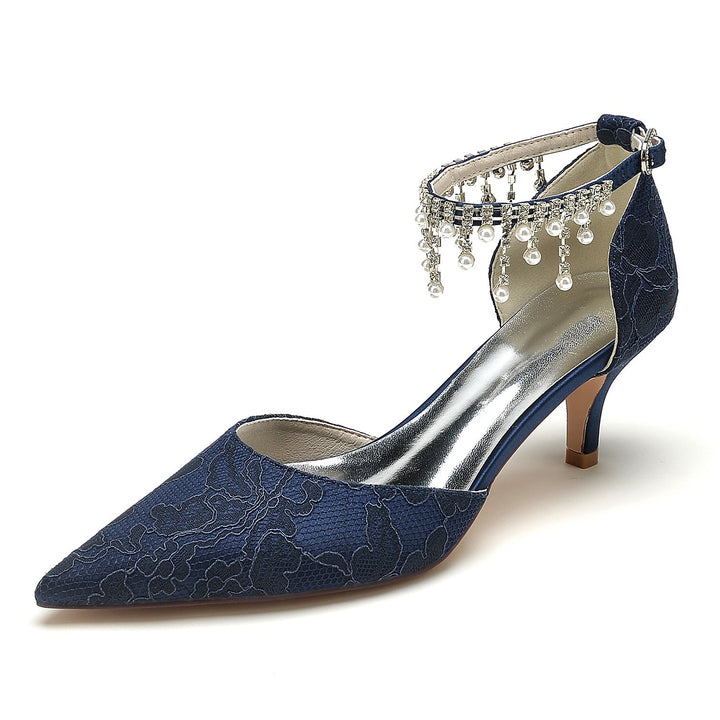 Chaussures de Mariage pour Femmes en Dentelle avec Perles et Talon Moyen et Bout Pointu avec Boucle