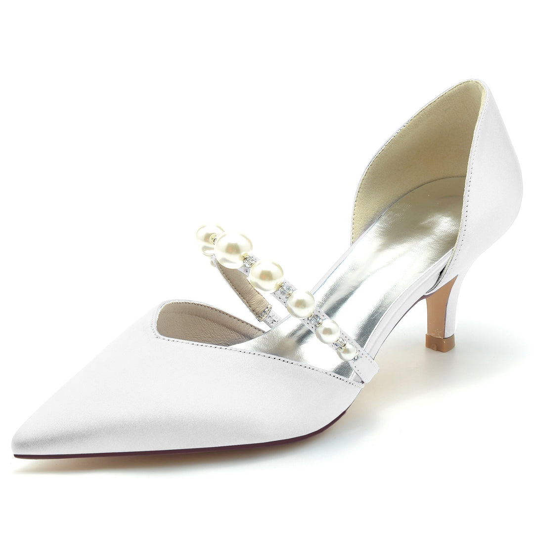 Chaussures de Mariage pour Femmes en Satin de Soie et Perles, Chaussures de Mariée à Talon Moyen et Bout Fermé