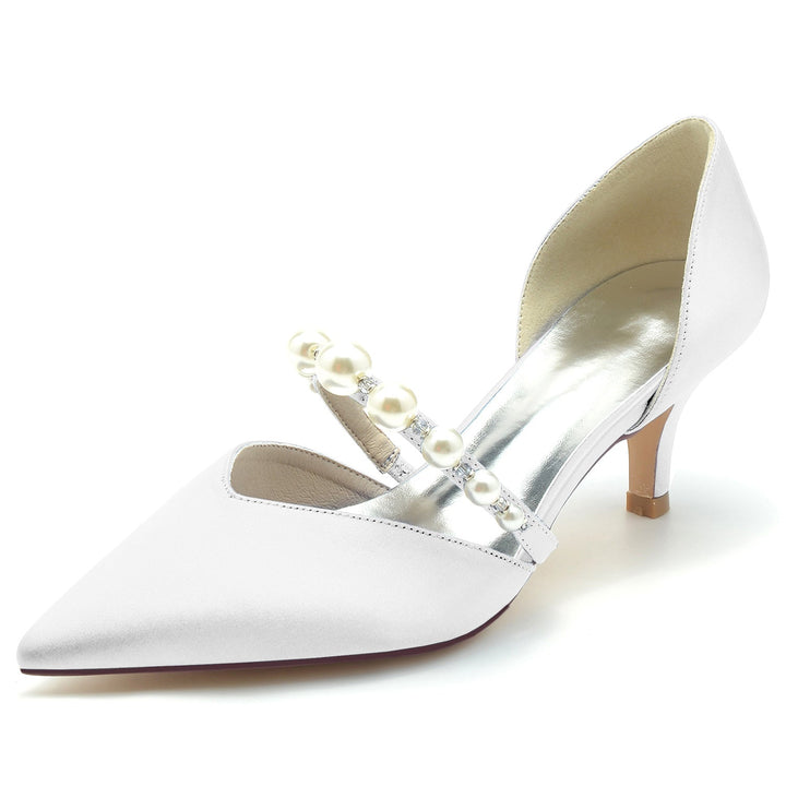 Chaussures de Mariage pour Femmes en Satin de Soie et Perles, Chaussures de Mariée à Talon Moyen et Bout Fermé