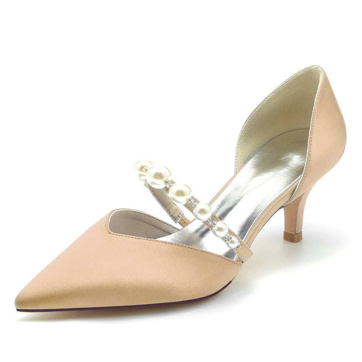 Chaussures de Mariage pour Femmes en Satin de Soie et Perles, Chaussures de Mariée à Talon Moyen et Bout Fermé