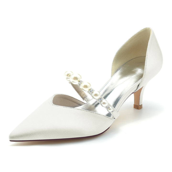Chaussures de Mariage pour Femmes en Satin de Soie et Perles, Chaussures de Mariée à Talon Moyen et Bout Fermé