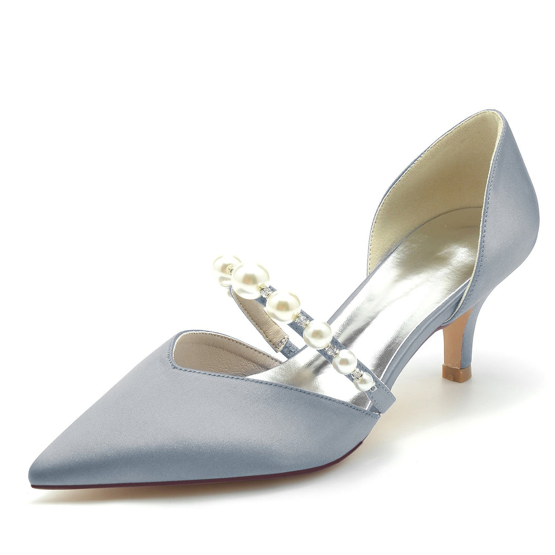 Chaussures de Mariage pour Femmes en Satin de Soie et Perles, Chaussures de Mariée à Talon Moyen et Bout Fermé