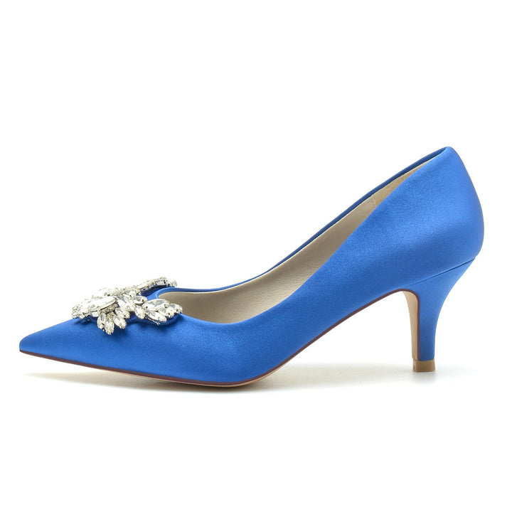Chaussures de Mariage pour Femmes en Satin de Soie Strass Bout Pointu Mi-Haut Chaussures de Mariée Minimalistes