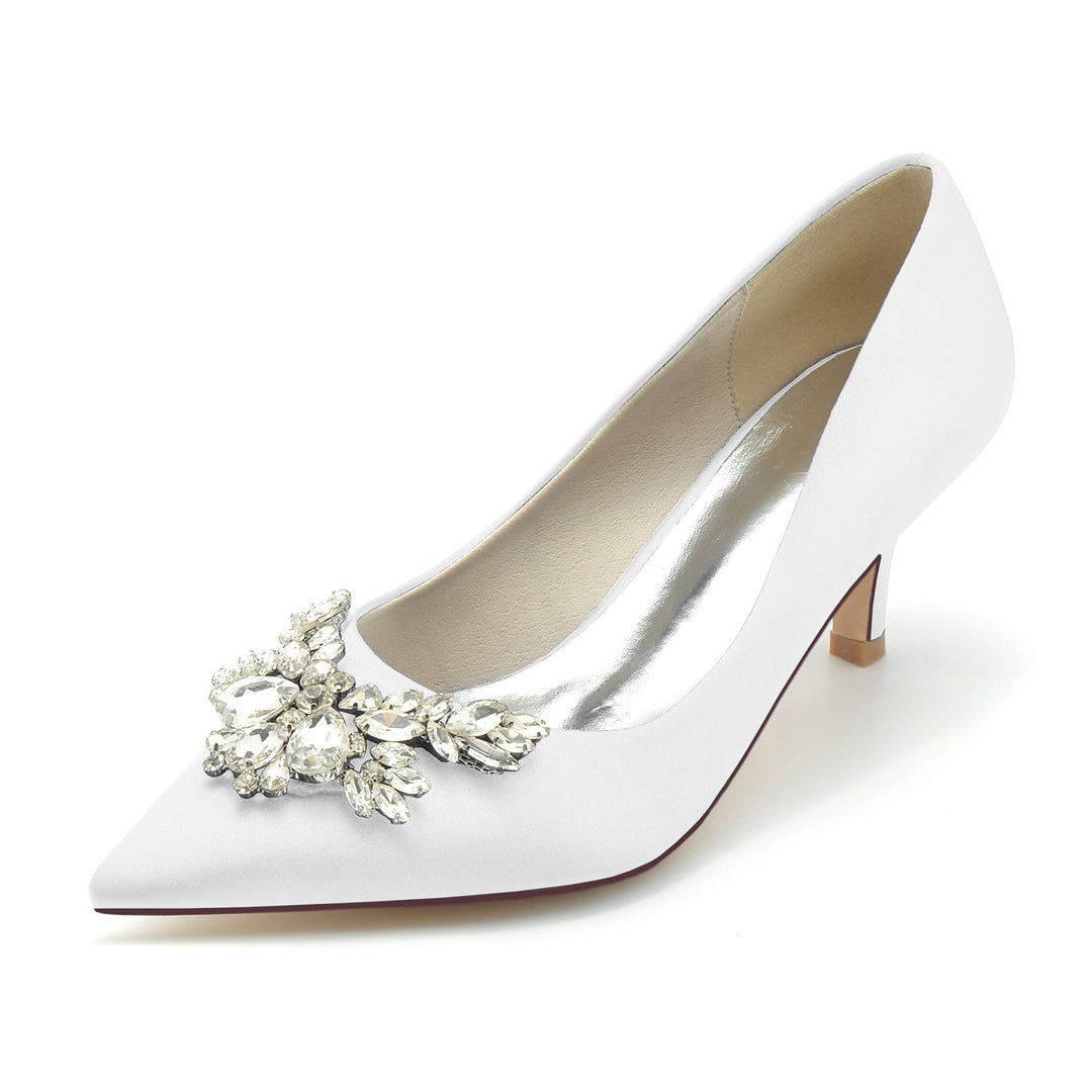 Chaussures de Mariage pour Femmes en Satin de Soie Strass Bout Pointu Mi-Haut Chaussures de Mariée Minimalistes